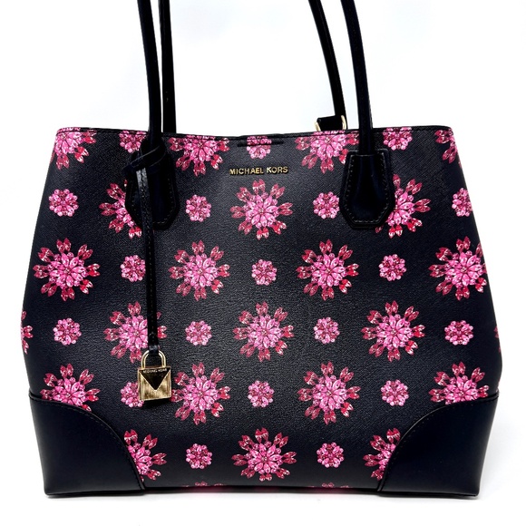 MICHAEL KORS Black/Ultra Pink Floral Mercer Corner Studio Top Zip Tote - Picture 1 of 12